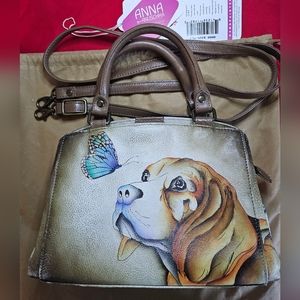 Anna by Anuschka Hand painted leather beige & rustic colors puppy love hand bag